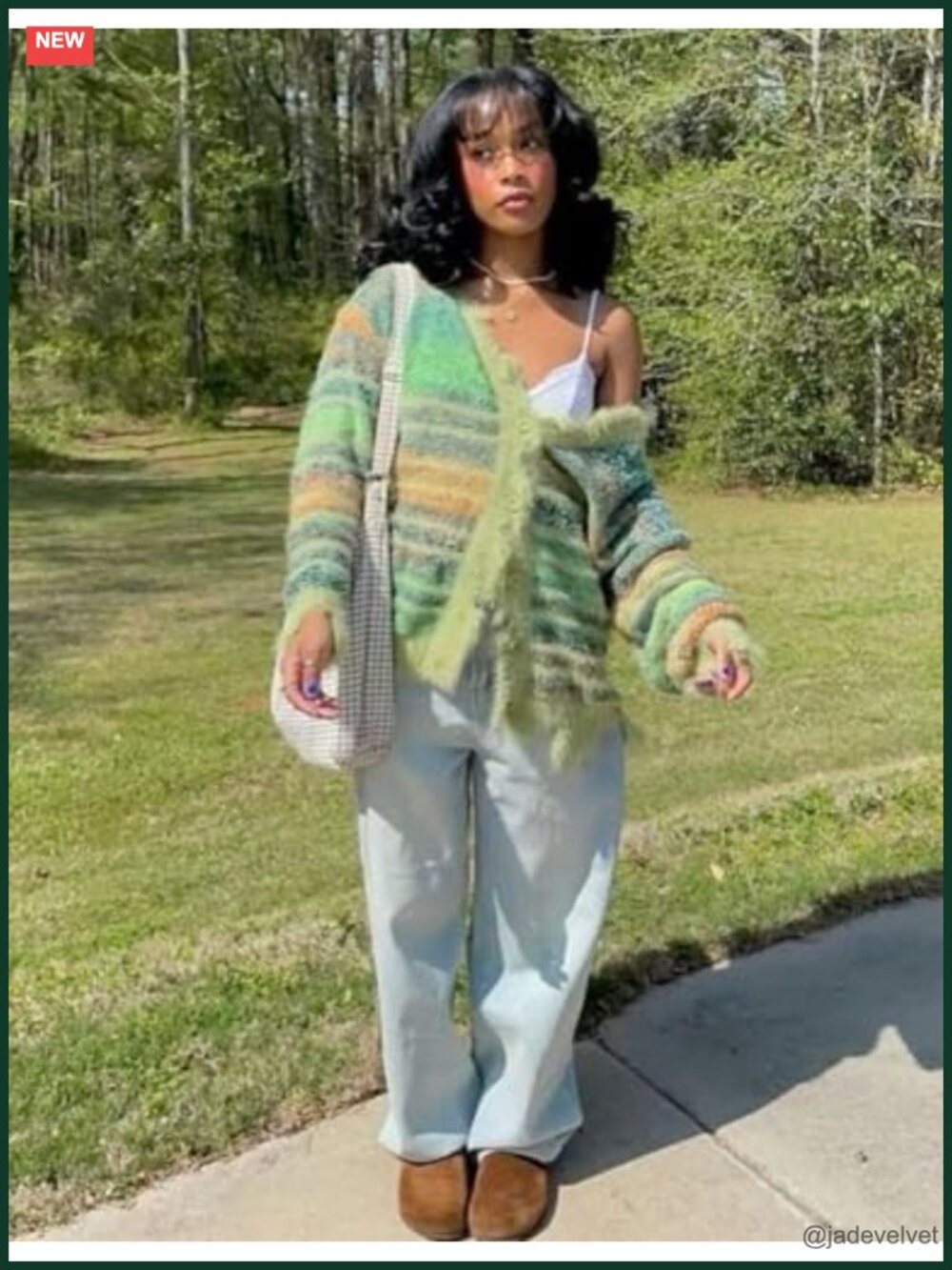 Oversized Fuzzy Striped Cardigan V-Neck Button Down Y2K Sweater - Picture 2 of 7